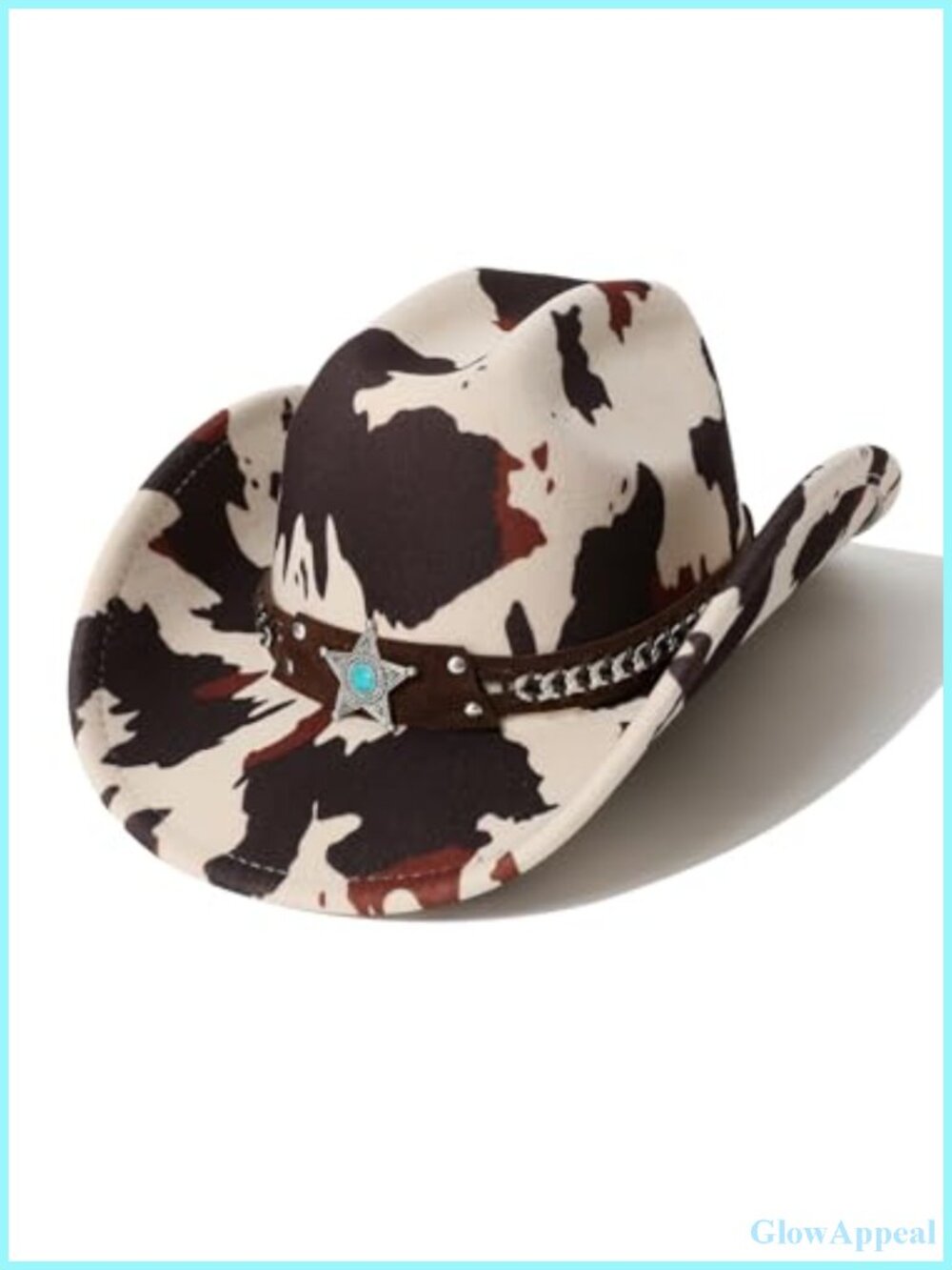 Women's Cow Print Western Cowboy Hat with Metal Star Hatband, Breathable